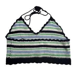 Aerie Women's L Multicolor Striped Crochet‎ Halter Crop Top Summer y2k thumbnail 2