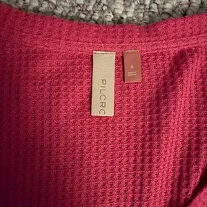 Pilcro and the Letterpress Anthropologie Pink Waffle Knit Ruffle Sleeve Thermal‎ V-Neck Top Small thumbnail 4