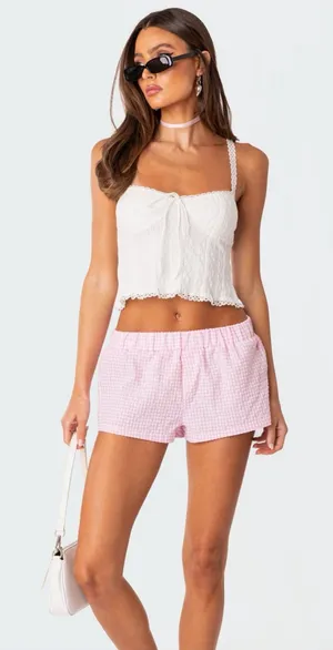 NWT Edikted Pink Gingham Cotton Blend Shorts thumbnail 1