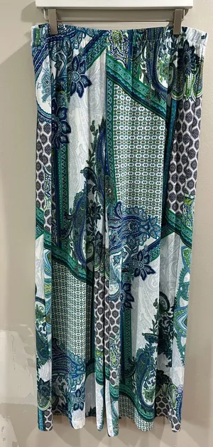 Chicos Blue Green Paisley Wide Leg Pull On Pants Size 2 XL Stretch Jersey Knit thumbnail 1