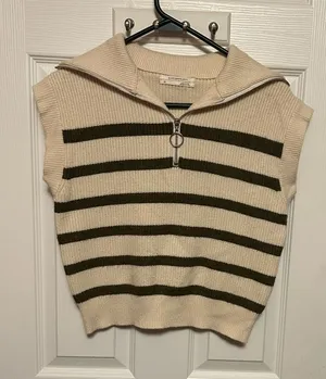 Anthropologie Cream and Olive Striped Half-Zip V-Neck Sweater Vest thumbnail 1