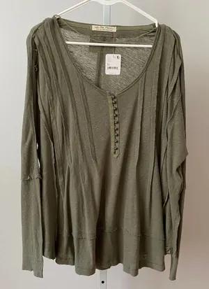 We The Free M‎ Green Henley Linen Slub Raw Hem Boho Slouchy Lagenlook NWT thumbnail 1