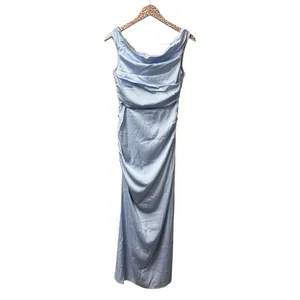 NEW Here Comes the Sun In Blooms Off Shoulder Satin Maxi Dress Blue Large NWT thumbnail 2
