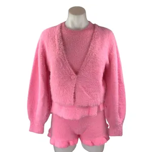 ASOS Pink Fleece Cardigan Short Sleeve T Shirt Shorts Sweater 3 Piece Set Size 2 thumbnail 2