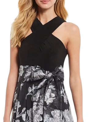 Eliza J Criss Cross Halter Neck Brocade Ling Dress Gown Black Silver Size 4 thumbnail 3