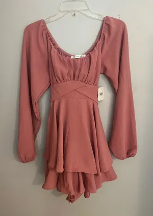 Altar'd State Dusty Rose Long-Sleeve‎ Tiered Mini Dress thumbnail 1
