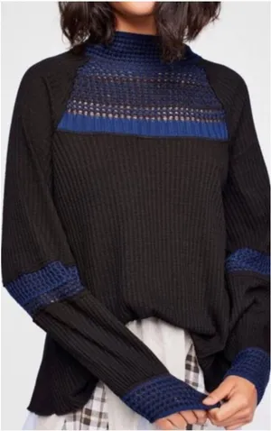 Free People Snow Day Thermal Tunic Black Blue Long Sleeve Top‎ Size Medium thumbnail 1