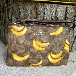Authentic COACH Signature Coated leather BANANA zip top wristlet thumbnail 1