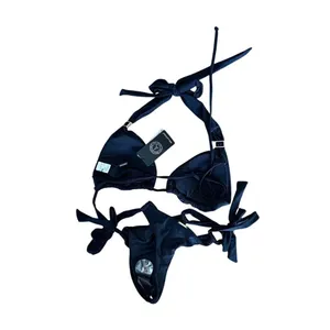 Relleciga Black Triangle Halter Bikini Set Gold Ring Hardware Side Tie Two Piece thumbnail 2