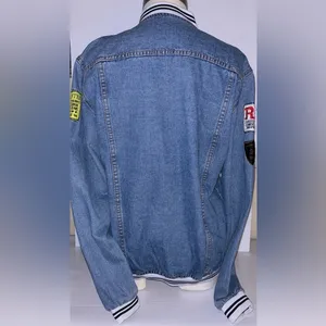 Denim Varsity Jacket Button Front Patches Pockets Size Medium Y2K Retro Vibe Blue thumbnail 4