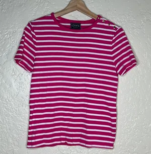 Chaps Classics Pink White Striped Cotton Button Shoulder Tee Shirt Womens Medium thumbnail 1