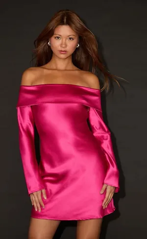 NWT Lulus Luxurious Vision Berry Pink Satin Off-the-Shoulder Mini Dress Party XL thumbnail 1
