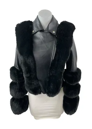 Women's Black Faux Fur Trim Faux Vegan Leather Crop Moto Biker Coat Jacket Sz S thumbnail 1