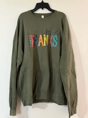 Bella Canvas Olive Green Crewneck Sweatshirt with Multicolor 'THANKS' Graphic thumbnail 1