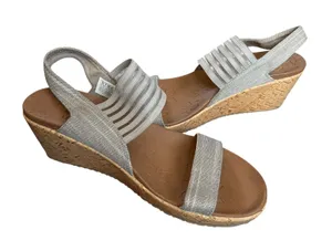 Skechers Luxe Foam Wedge Sandals Womens 10 Taupe Silver Stretch Slingback 31597 thumbnail 1