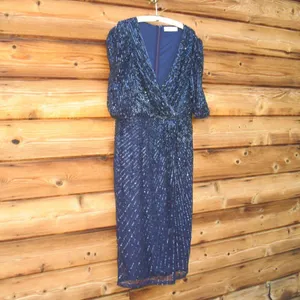 Mac Duggal 5578 Womens Sequined V Neck Short Puff Sleeve Midi Dress thumbnail 7