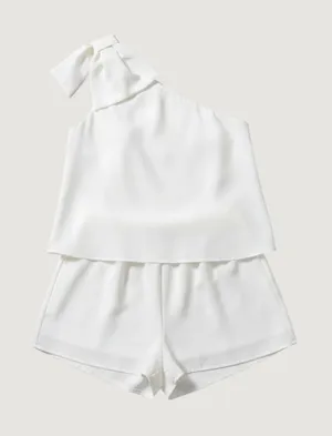 Entro White One Shoulder Bow Romper Popover Layered Jumpsuit R13606 Large thumbnail 1
