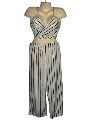 SHEIN White & Black Striped Two-Piece Wide-Leg Jumpsuit Set thumbnail 2