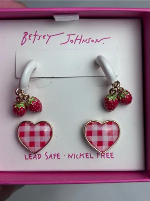 Betsey Johnson Strawberry Hoops & Gingham Heart Earrings Set New In Box thumbnail 5