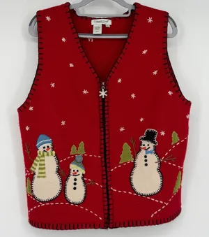 Coldwater Creek Wool Christmas Snowman Sweater Vest Women L Red Zip Y2K thumbnail 1