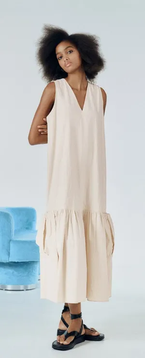 ZARA Ecru Cotton Tiered Tie Back Midi Dress XS Neutral Minimalist A-Line Coastal thumbnail 1