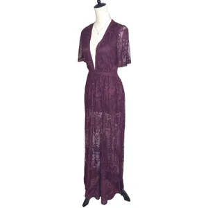 Haute Monde Plum Purple Floral Lace Deep V-Neck Boho Maxi‎ Romper Dress Small thumbnail 6