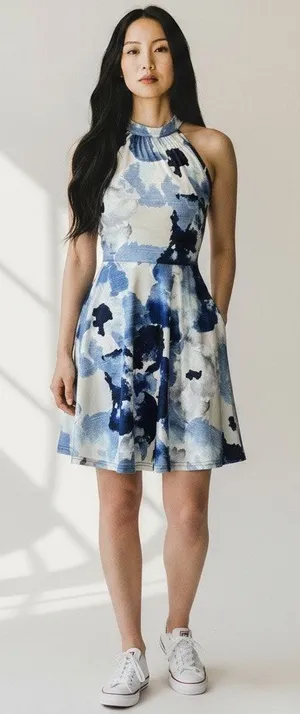 Elegant Blue and White Tie Halter Dress Medium thumbnail 1