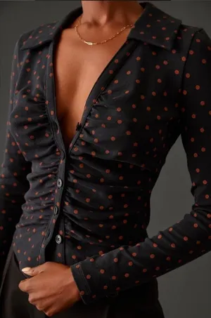 Maeve Anthropologie Ruched Button Front Top XL Black Tan Polka Dot Stretch thumbnail 1