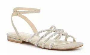 Jessica Simpson Sz 7 Champagne Silver Rajiv Rhinestone Embellished Flat Sandals thumbnail 1