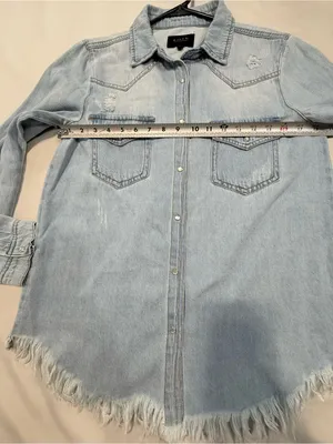Risen Light Blue Denim pearl snap Button Shirt Distressed Size M thumbnail 9