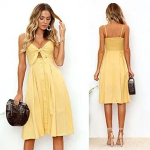 ECOWISH Summer Yellow Front Tie Button Midi-Dress thumbnail 2