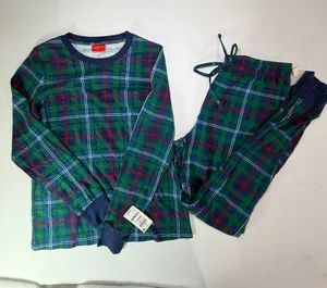 Family Pajamas Green Plaid Women's Long Sleeve Top & Pants Set with Navy Trim thumbnail 1