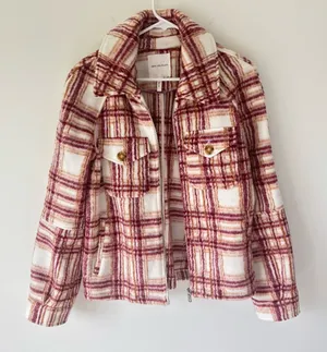 Avec Les Filles Plaid Zip Up Jacket Fleece White Pink Orange Shacket Cropped thumbnail 1