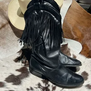 Vintage Black Real Leather Fringe Cowboy Boots Festival Rave Burning‎ Man A21 thumbnail 6