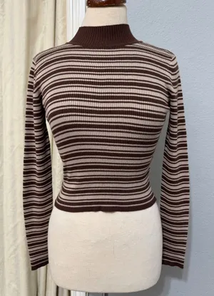 The Slope Brown Striped‎ Ribbed Mock Neck Long Sleeve Top Womens Size Medium Y2K thumbnail 1