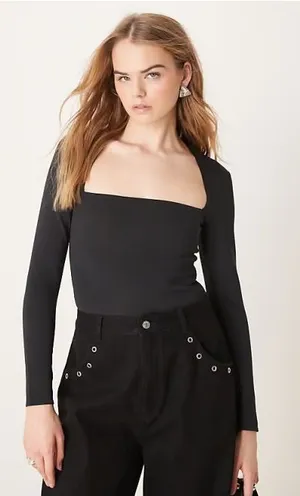 Abercrombie & Fitch Black Square Neck Long Sleeve Bodysuit in Black thumbnail 1