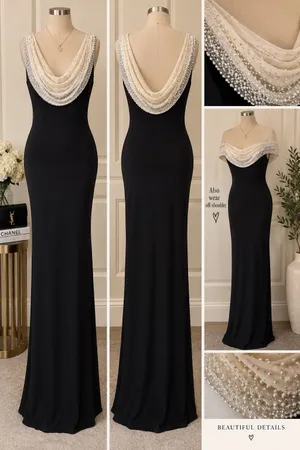 Cache Black Maxi Dress with Cream Beaded Draped Neckline thumbnail 2
