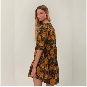 Farm Rio Arabesque Floral Mini Dress Puff Sleeve Tiered Black Yellow Large thumbnail 4
