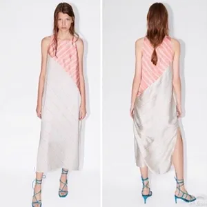Zara Satin Effect Maxi Dress XS Long Striped Sleeveless Flowy Side Slits Lined thumbnail 3