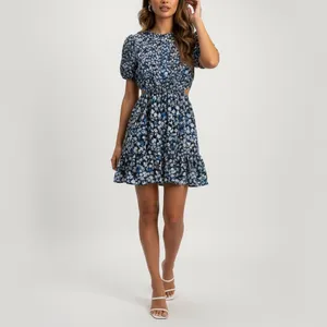 French Connection Floral Cutout‎ Ruffle Dress Navy Blue XS 4 Puff Sleeve thumbnail 3