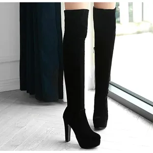H & M Thigh High Platform Boots Stretch Faux Suede Black 10 thumbnail 5