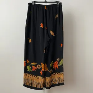 VTG‎ Boho Earth Colors Autumn Leaf Print Fringe Hem Wide Leg Pants L Black thumbnail 5