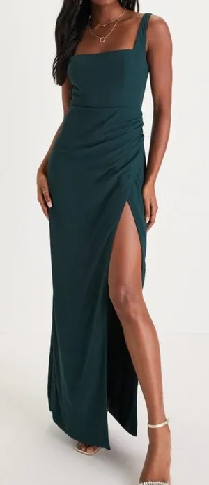 NEW Lulus Glamorous Disposition Emerald Green Square Neckline Ruched Maxi Dress thumbnail 1