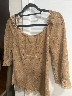 Floral Beige Off the shoulder Peasant Blouse with Ruffle Sleeves Medium thumbnail 2