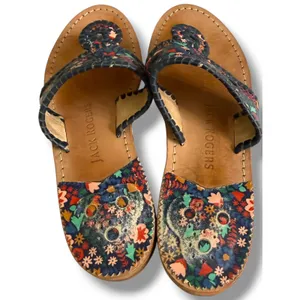 Jack Rogers Jacks Flat Sandals Navy Floral Leather Whipstitch Thong‎ Slide 9M thumbnail 4