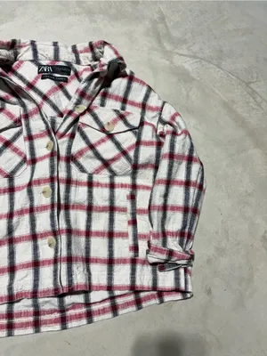 ZARA Plaid Button-Up Shirt Jacket - Cream, Red & Black Italian fabric XL thumbnail 4