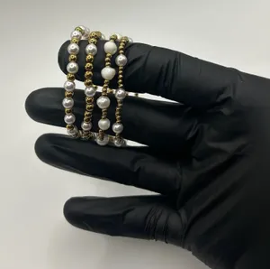 Womens Pearl Gold Bead Stretch Bracelet Set of 4 18k Plated Saphir New thumbnail 1
