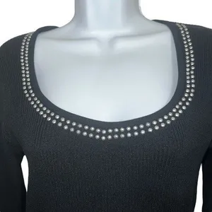 NANETTE LEPORE Black‎ Silver-tone Studded Scoop Neck Ribbed Knit L/S Top NWOT S thumbnail 3