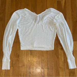 FREE‎ PEOPLE Lace V-Neck Balloon Sleeve Sweater White Oversized XS thumbnail 3