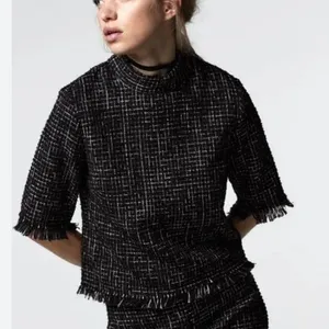 Zara Tweed Top Mock Neck Fringed Hem Cropped Black‎ White Career XS thumbnail 1